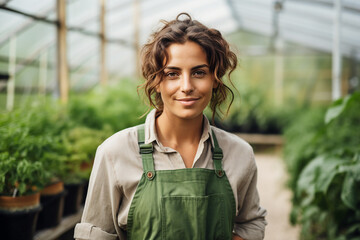 Wall Mural - Excited farmer gardener person working in greenhouse Generative AI earth day