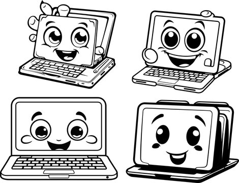 Laptop cartoon vector stock, coloring page black and white