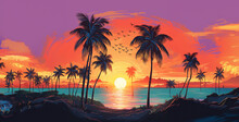 Album Cover Summer Vibes Palm Trees Beach, Sunset On The Beach.Generative Ai Content