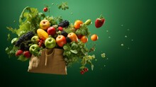 A Paper Bag With Fruits Flying Out Against A Green Background With Copyspace For Text Assorted Vegetables And Fruits Are Flying Out Of A Paper Bag, Symbolizing Vegan Shopping