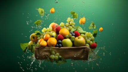 Wall Mural - A paper bag with fruits flying out against a green background with copyspace for text Assorted vegetables and fruits are flying out of a paper bag, symbolizing vegan shopping
