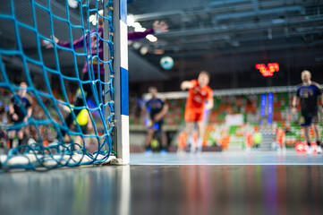 Wall Mural - Detail of handball goal post with net and handball match in the background.