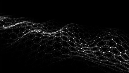 Wall Mural - Black hexagon wave of particles and lines. Big data visualization. Abstract background with a dynamic wave. Vector illustration.