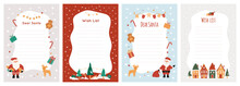 Christmas Wish List Set, Letter Template With Santa Claus, Cute Animals Deer And Bear, Cozy Houses And Snowy Trees, Festive Bunting. Winter Illustration For Kids Gifts Wishes, Dreams Message.