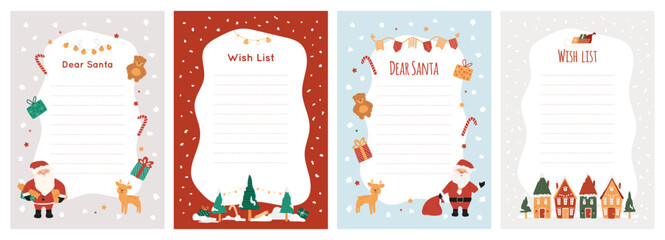 Christmas wish list set, letter template with Santa Claus, cute animals deer and bear, cozy houses and snowy trees, festive bunting. Winter illustration for kids gifts wishes, dreams message.