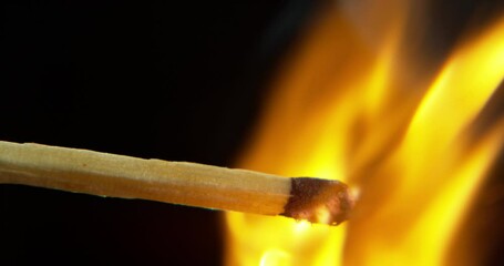 Wall Mural - match, fire and burning flame on black background for heat, light and lighting wood in dark studio. 