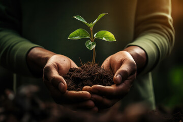 Wall Mural - A close-up of a person's hands holding a small plant, symbolizing growth, nurturing, and environmental awareness. Concept of sustainability and nature. Generative Ai.