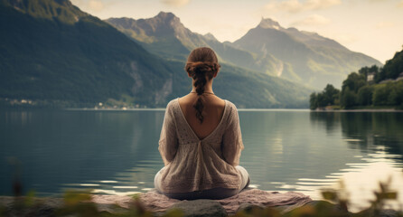 Meditation, landscape and woman sitting on a rock at a lake for mindfulness and relax spirituality. Peaceful, stress free and focus in nature with view for mental health, zen and meditating practise