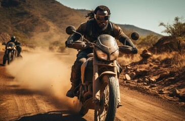 Canvas Print - a black man riding a motorcycle down a dirt road