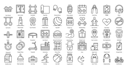 Wall Mural - Gym Fitness Thin Line Icons Workout Biceps Muscle Iconset in Outline Style 50 Vector Icons in Black	