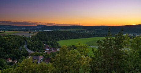 Canvas Print - Blick von der Ruine Trimburg in Trimberg über das Fränkischen Saaletal zum Sonnenuntergang, Gemeinde Elfershausen, Landkreis Bad Kissingen, Unterfranken, Franken, Bayern, Deutschland