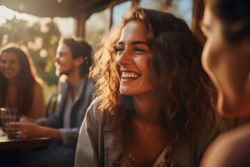 Poster - A candid shot of a group of friends in animated conversation, the pastel environment reflecting the lighthearted camaraderie. Concept of friendship and shared laughter. Generative Ai.