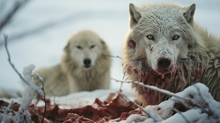 Poster - An artistic representation of an Arctic wolf and caribou encounter in the frozen tundra, showcasing the predator's strategic pursuit and the prey's evasion tactics.