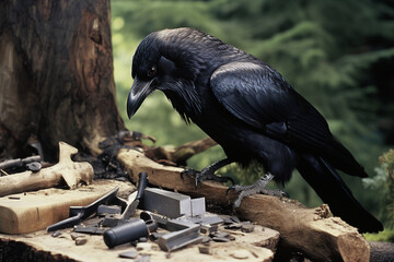 Poster - A series of images featuring a crow using tools to extract insects from tree bark, highlighting the surprising cognitive abilities of these intelligent birds.