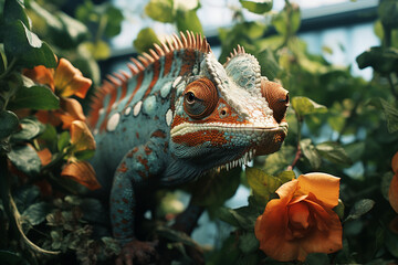 Fototapete - A macro photograph showcasing a chameleon in ambush mode, blending seamlessly into its surroundings before striking at unsuspecting insects.