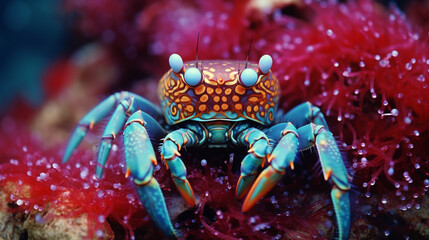 Poster - Close-up images of a decorator crab adorned with an assortment of materials for camouflage, highlighting its unique ability to blend seamlessly into its environment.