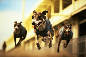 Aufkleber - Greyhounds in mid-gallop, creating abstract lines that highlight the dynamic and powerful strides of these racing dogs.