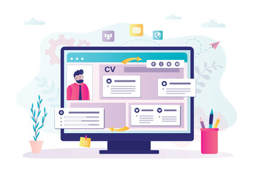 CV building, online service. App or website for creating resumes, cv, documents for job applicants. Add different icons and interface parts to monitor screen.