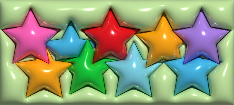 Abstract green background with stars, inflated shapes. 3d rendering illustration
