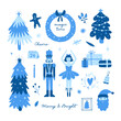 Christmas vector clipart. Cute winter holidays set. Blue Christmas graphics