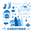 Christmas vector set. Cute Christmas clipart. Blue Christmas illustrations