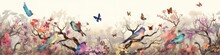 Beautiful Spring Landscape. Drawing Pattern Wallpaper Of A Forest Landscape With Birds, Butterflies And Trees. Ai Generative
