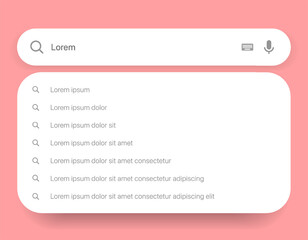 Search Bar with suggestions for UI UX design and web site. Search Address and navigation bar icon. Collection of search form templates for websites. Search engine web browser window template.