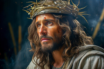 Wall Mural - portrait of jesus christ suffering with the crown of thorns. Catholicism in religion in christmas	