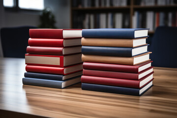 Poster - A stack of books on a desk, including one about mortgages, indicating research and education. Concept of mortgage knowledge and preparation. Generative Ai.