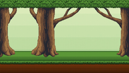 Wall Mural - Forest pixel art background. 2d backdrop for 8-bit retro video game or mobile application. Seamless when docking horizontally.