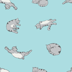 Wall Mural - Cute sleepy grey cat seamless pattern. Grey tabby cat is sleeping in different poses. Vector illustration