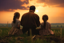 Back View Of Father And Two Daughters Praying In The Field At Sunset.