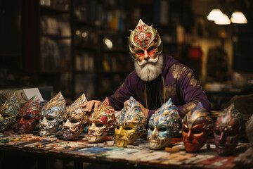 Sticker - A Venetian mask artist displaying an array of hand-painted masks, each a unique work of art. Generative Ai.