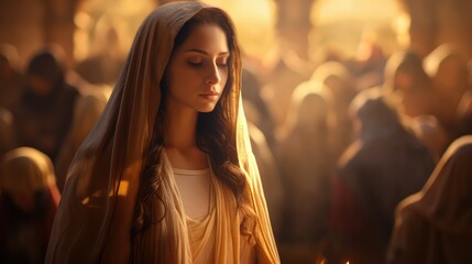 Wall Mural - Beautiful young woman with long hair on the background of the church. Biblical character