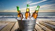 three beer bottles in bucket full of ice cubes beach generative ai