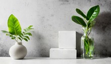 White Empty Concrete Textured Wall And Podium Stage Background Green Glass Vase With Plants Neutral Sustainable Natural Brand Product Showcase Template Mock Up With Copy Space