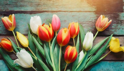 Canvas Print - tulip blossom flowers on vintage wooden background border frame design vintage color tone concept flower of spring or summer background
