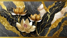 Lutus Flower 3d Wallpaper For Wall Frames Fractal Flowers Golden And Black Liquid Marble Background Resin Geode And Abstract Art Functional Art Like Geode Painting Ai Generated