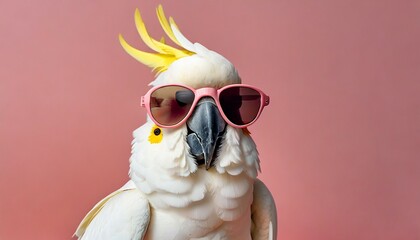 closeup of white cockatoo parrot wearing sunglasses domestic pet bird animal solid pink pastel background tropical summer vacation concept web banner funny birthday party card invitation