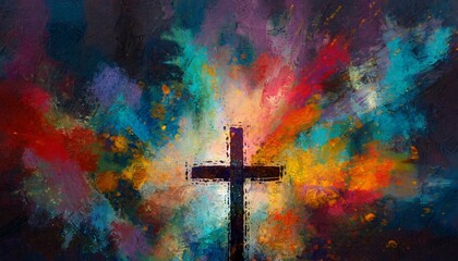 Wall Mural - colorful painting art of an abstract dark background with cross christian illustration