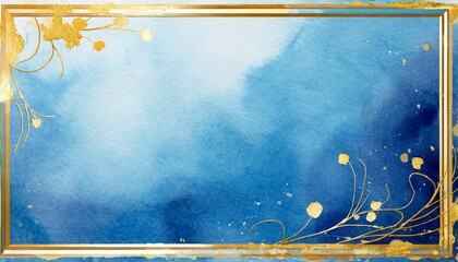 Wall Mural - rectangular gold frame on an abstract blue background modern watercolor texture template a beautiful invitation card for a celebration or wedding