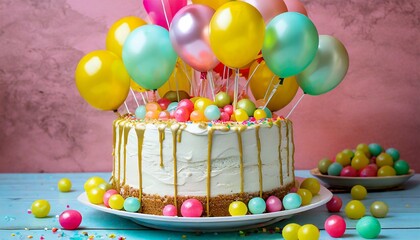 Wall Mural - birthday cake decorated with colorful sweets balloons on a pink background generative ai