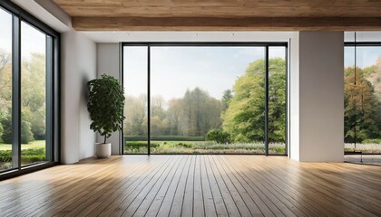 Sticker - empty room of modern contemporary loft with wooden floor and large windows to garden copy space generative ai