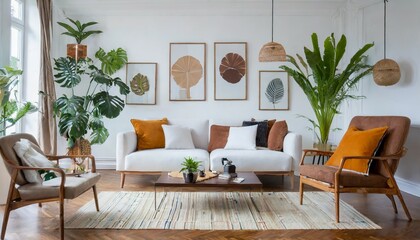 Canvas Print - design sofa tropical plant pillows blanket gramophone and mock up picture frames are all featured in this stylish scandinavian white room modern living area with white walls and brown oak parque