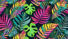 Tropical Leaves In A Bright Coloured Pattern On A Dark Background