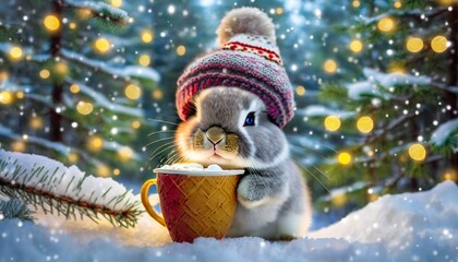 Wall Mural - a cheerful cute rabbit in a knitted hat drinks cocoa from a cup against the background of a winter forest with fir trees snow and colorful lights postcard for the new year holidays