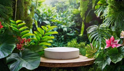 podium pedestal in tropical forest garden green plant nature and organic cosmetic and food presentation theme natural product present placement display spring summer concept generative ai