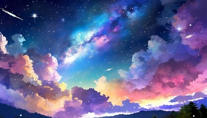 Wall Mural - ai generative image of an anime sky at night with a beautiful clouds and colorful image of universe