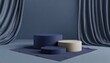 pastel and dark blue composition of three podiums or stands for product display placed on fabric with neutral simple minimal background 3d rendering
