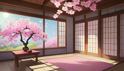 Wall Mural - japanese traditional interior sakura in spring 2d anime background illustration